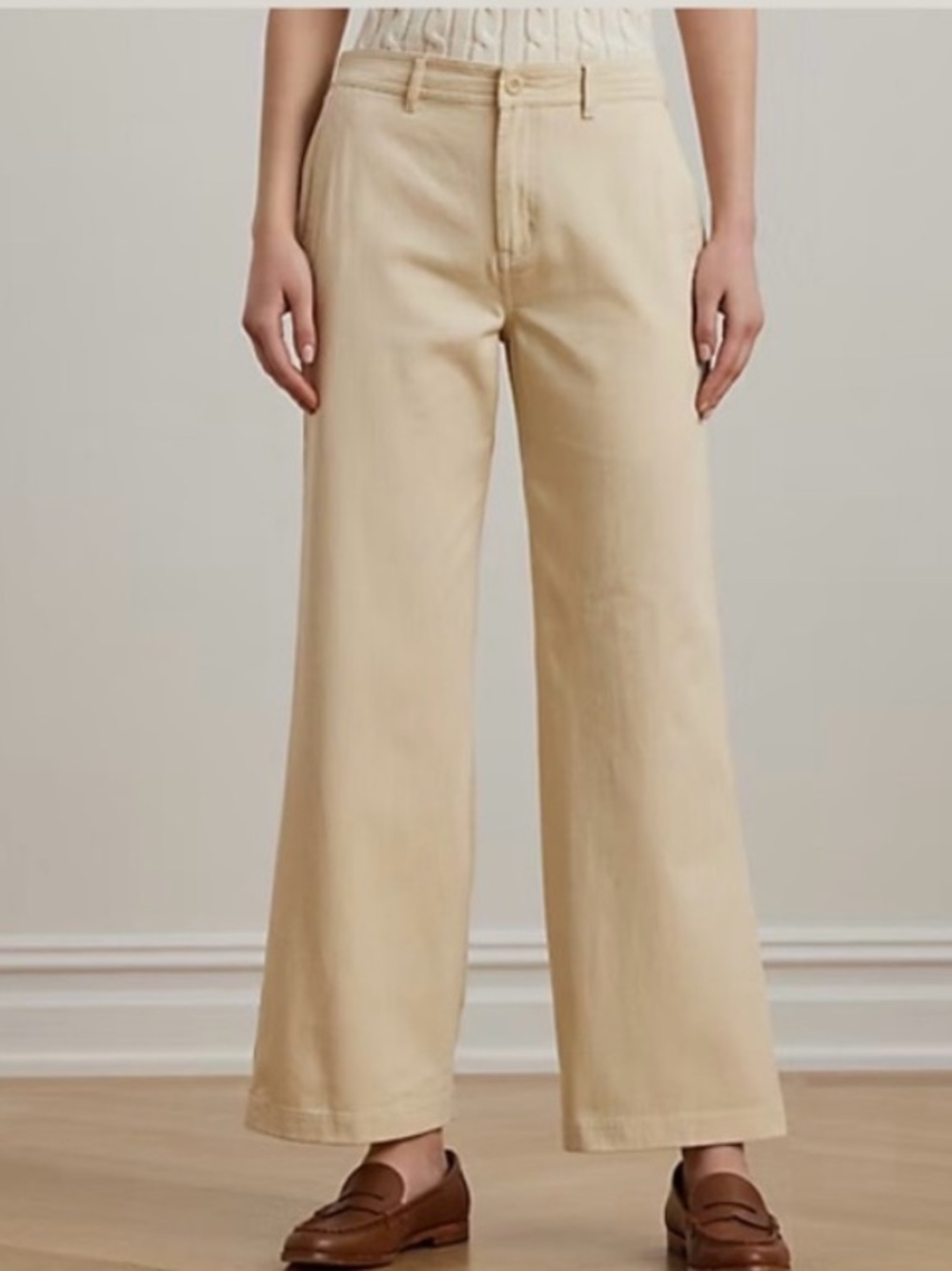 Lauren Ralph Lauren Cotton Twill Wide-Leg Pants in Ivory Beige Size 14